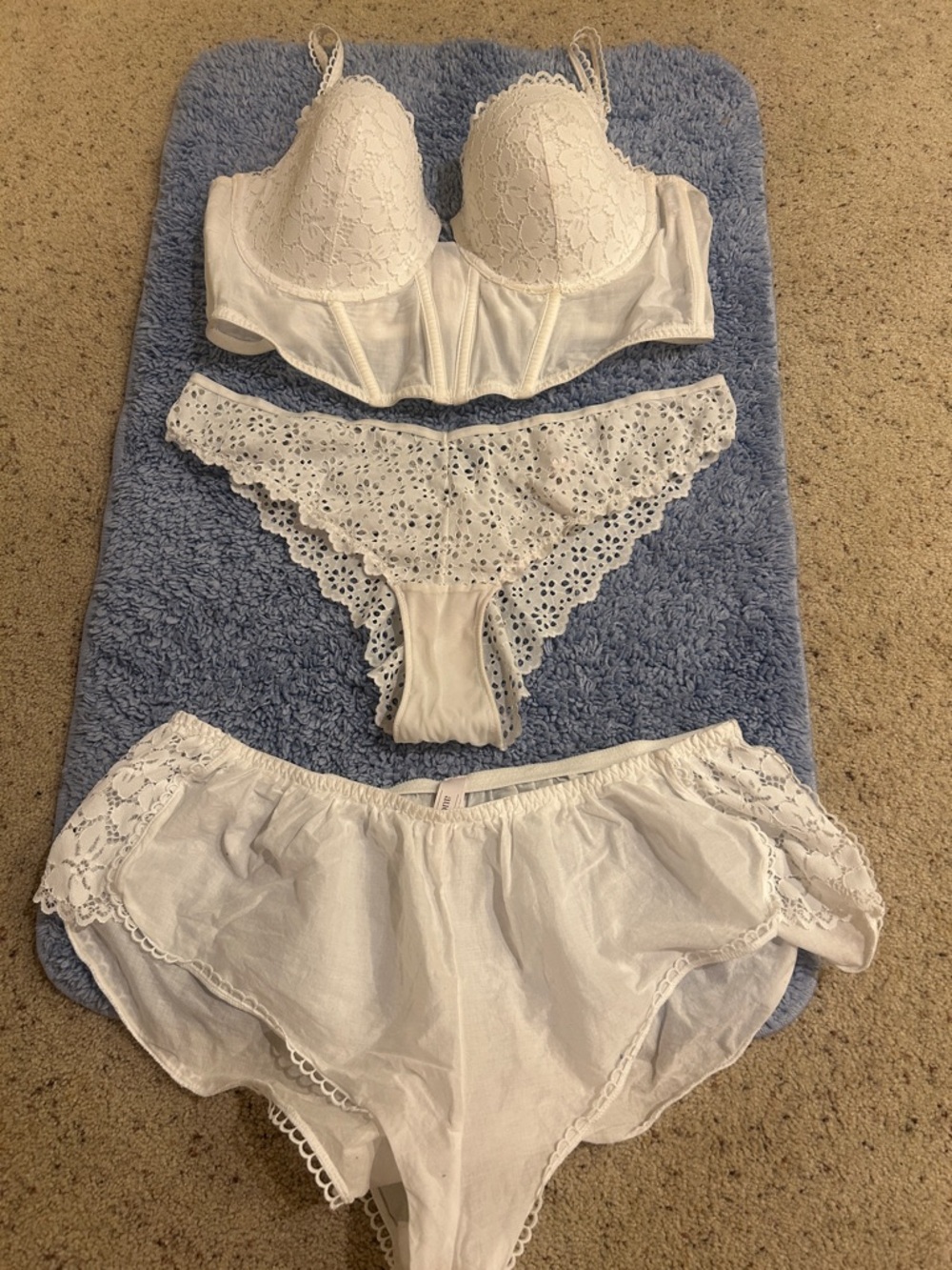 NWOT Auden White Linen & Lace Bustier Bra, Panties, w/ Matching Sleep Shorts